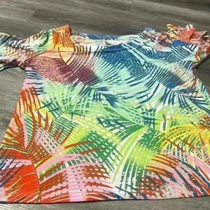 Pappagallo ruffled sleeve fern multi color top